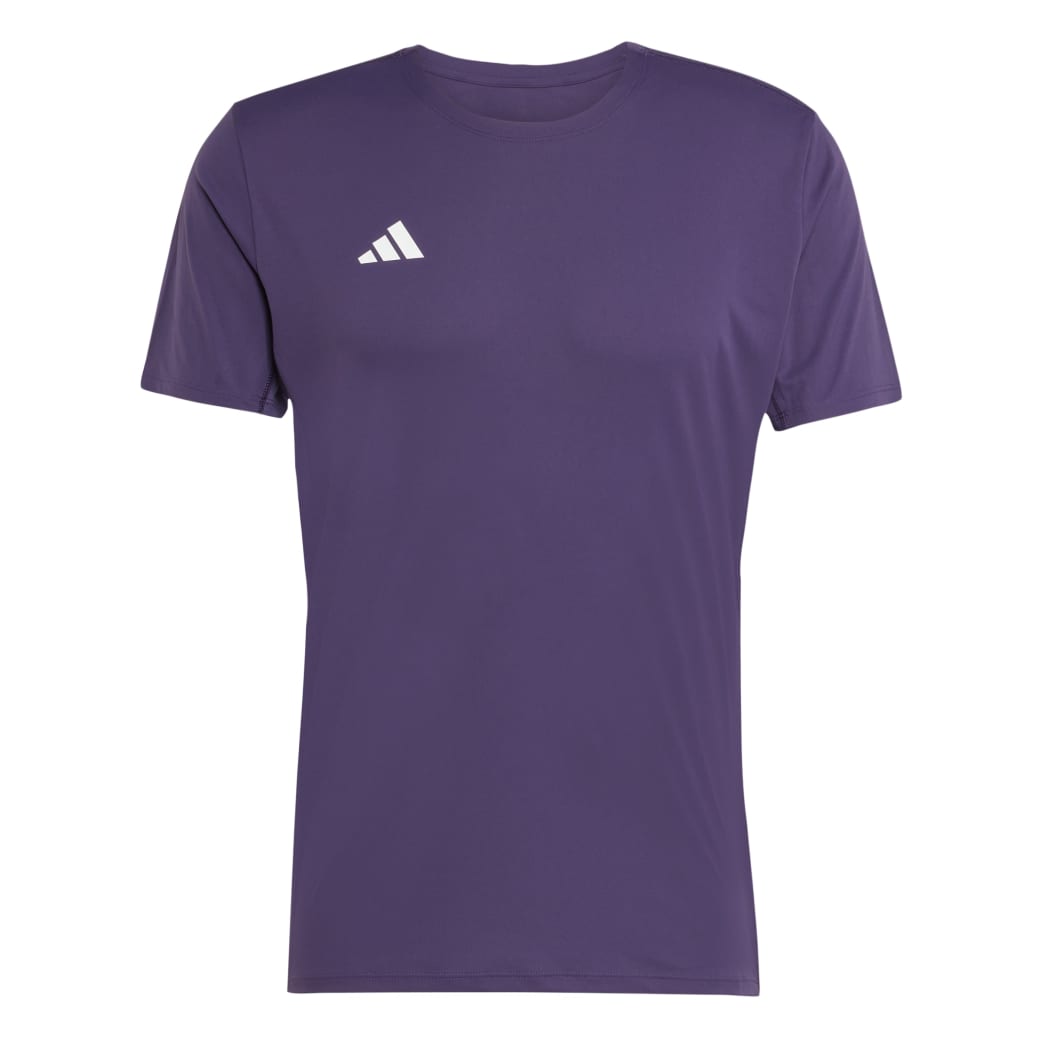 Camiseta masculina de corrida Adidas roxa Aurora Plum vista de frente com logo branco no peito